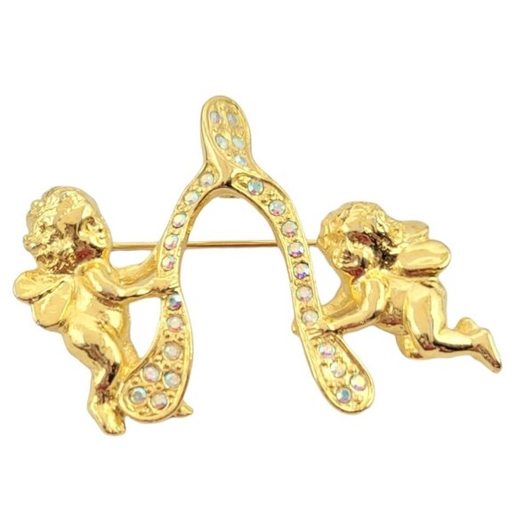 Kirks Folly Goldtone Cherub Wishbone AB Rhinestone Brooch Pin